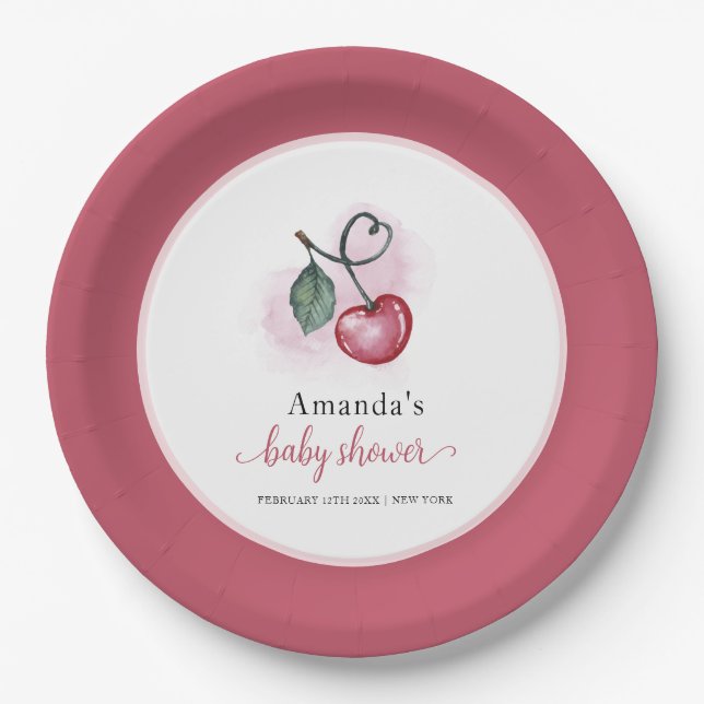 Plato De Papel Dulce Corazón de Cereza Rústica para Baby Shower  (Anverso)