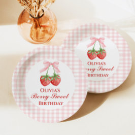 Plato De Papel Dulce de Fresa Cumpleaños con lazo rosa y gingham