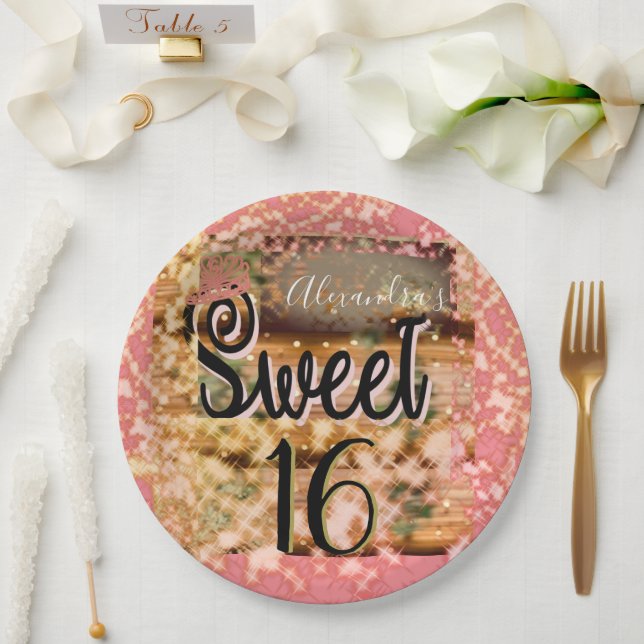 Plato De Papel Dulce Dieciséis Rústico De Oro Rosa (Boda)
