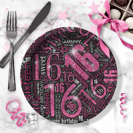 Plato De Papel Dulce Dieciséis Sparkle Word Cloud Blk rosa ID265