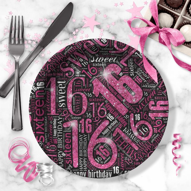 Plato De Papel Dulce Dieciséis Sparkle Word Cloud Blk rosa ID265 (Subido por el creador)
