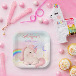 Plato De Papel Dulce Elegante Lindo Unicornio de Acuarela Rosa cu
