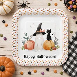 Plato De Papel Dulce Fantasma de Acuarela Gato Negro Calabaza Hal
