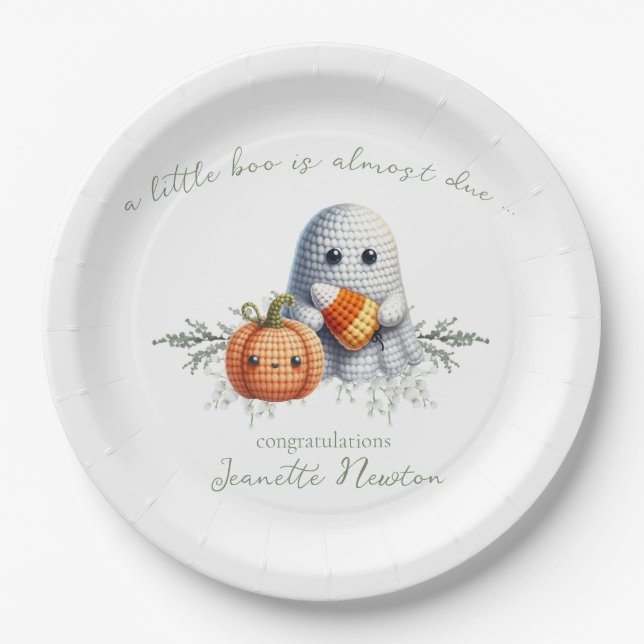 Plato De Papel Dulce Fantasma de Ganchillo Halloween Baby Shower (Anverso)