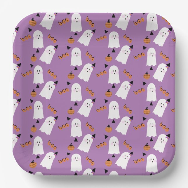 Plato De Papel Dulce fantasma de Halloween, confeti naranja y mor (Anverso)