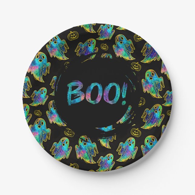 Plato De Papel Dulce Fantasma de Halloween Falso Brillo (Anverso)