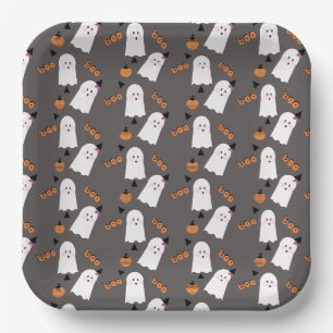 Plato De Papel Dulce fantasma de Halloween gris naranja confeti 