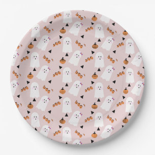 Plato De Papel Dulce Fantasma de Halloween Naranja Confeti Rosa