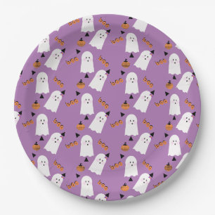 Plato De Papel Dulce Fantasma de Halloween Naranja Morado Confeti