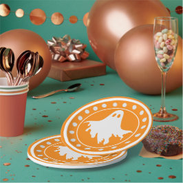 Plato De Papel Dulce Fantasma Espeluznante de Halloween Naranja y