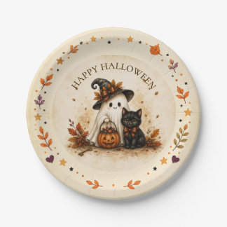 Plato De Papel Dulce Fantasma Gato Negro Feliz Halloween