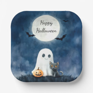 Plato De Papel Dulce Fantasma y Gato Negro Halloween