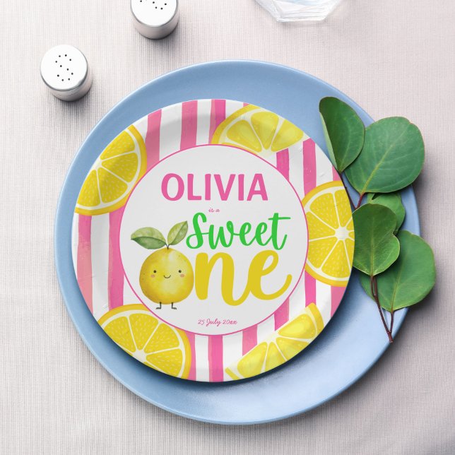 Plato De Papel Dulce fiesta de cumpleaños de limonada rosa (Sweet one pink lemonade summer lemon girls birthday party personalized printed paper plates decor)