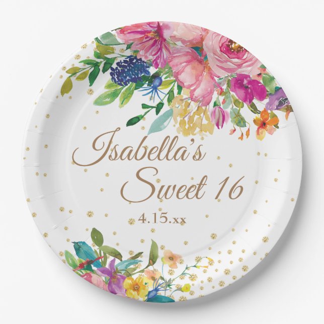 Plato De Papel Dulce floral amarillo rosado 16 Nombre de cumpleañ (Anverso)