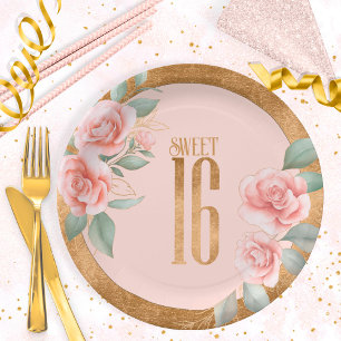 Plato De Papel Dulce floral de Relieve metalizado dorado Dieciséi