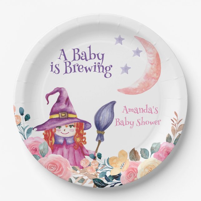 Plato De Papel Dulce Flower Witch Cauldron Baby Brewing Shower (Anverso)