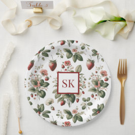 Plato De Papel Dulce Fresa y Patrón Floral Monograma Personalizad