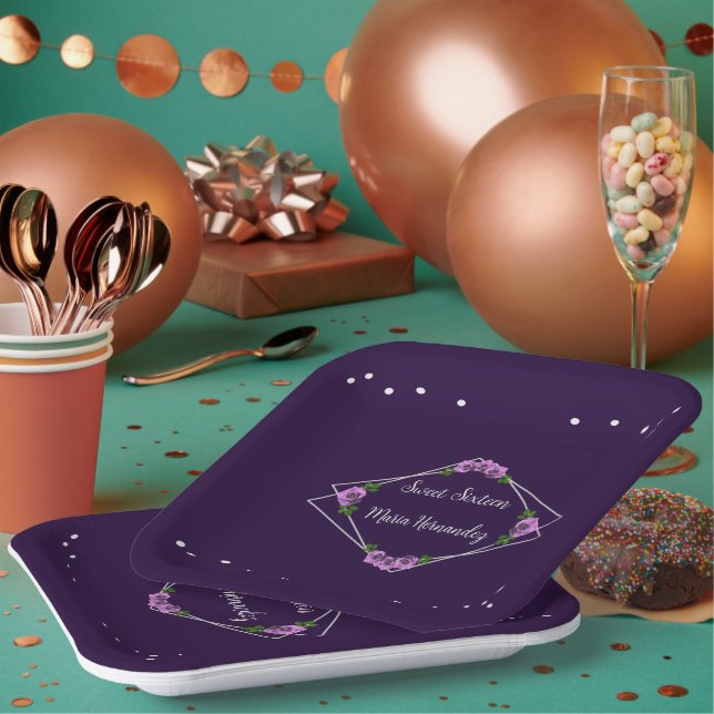Plato De Papel Dulce geométrico morado Rosa plateado 16 (Multi)