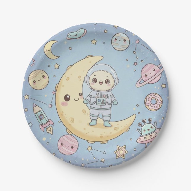 Plato De Papel Dulce Kawaii Espacio - Astronauta y Luna Sonriente (Anverso)