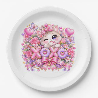 Plato De Papel Dulce Kawaii XOXO Gato Rosa Pastel Romántico Amor
