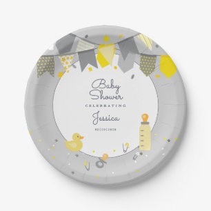 Plato De Papel Dulce lluvia de bebé amarillo gris género neutral