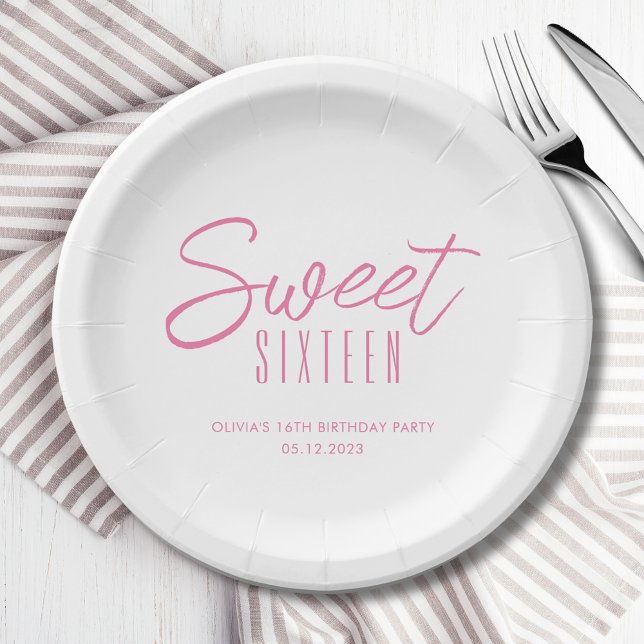 Plato De Papel Dulce Moderno Dieciséis Chicas Rosa 16º fiesta (Sweet Sixteen 16th Sixteenth girls birthday party paper plates in white & pink. See full range.)
