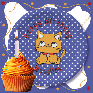 Plato De Papel Dulce Naranja Rojo Azul Gato Personalizado Fiesta