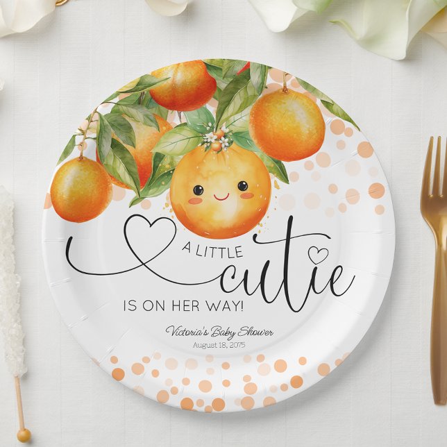 Plato De Papel Dulce Nena Naranja Fiesta de Bebé Citrus (Little cutie baby shower paper plates with adorable little face. You can add text to personalize.)