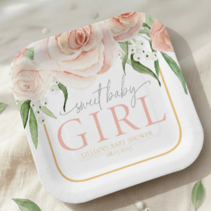 Plato De Papel Dulce Niña Jardín de Rosas Rosa Suave Baby Shower