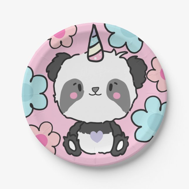 Plato De Papel Dulce Panda Unicorn Girly Floral (Anverso)