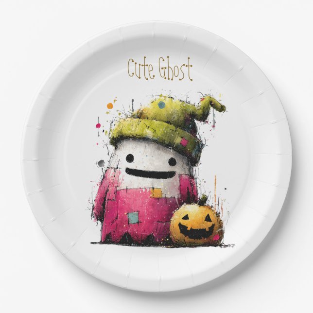 Plato De Papel Dulce Parche de Acuarela Fantasma Hallow (Anverso)