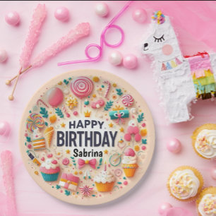 Plato De Papel Dulce Pastelito y Chupete de Candyland Feliz Cumpl