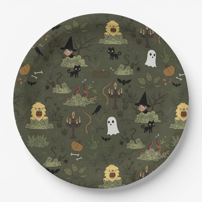 Plato De Papel Dulce patrón de bosque embrujado de Halloween (Anverso)