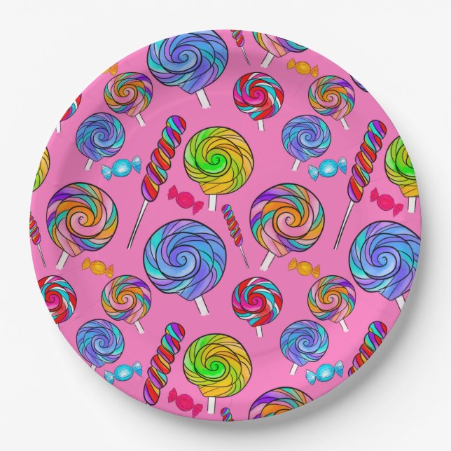 Plato De Papel Dulce Piruleta Divertida Rosa Arcoíris (Anverso)