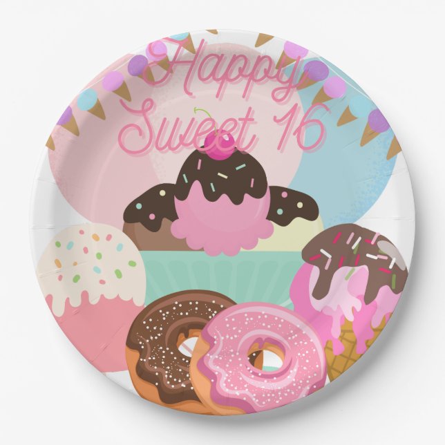 Plato De Papel Dulce placa de 16 cumpleaños (Anverso)