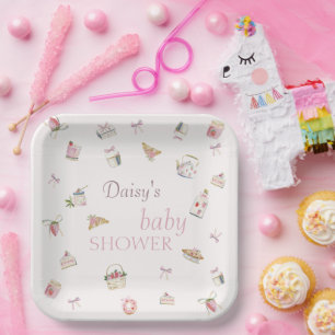 Plato De Papel Dulce Postre de Fresa Baby Shower Acuarela