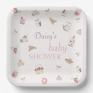 Plato De Papel Dulce Postre de Fresa Baby Shower Acuarela