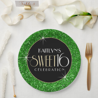 Plato De Papel Dulce Purpurina Verde Faux 16