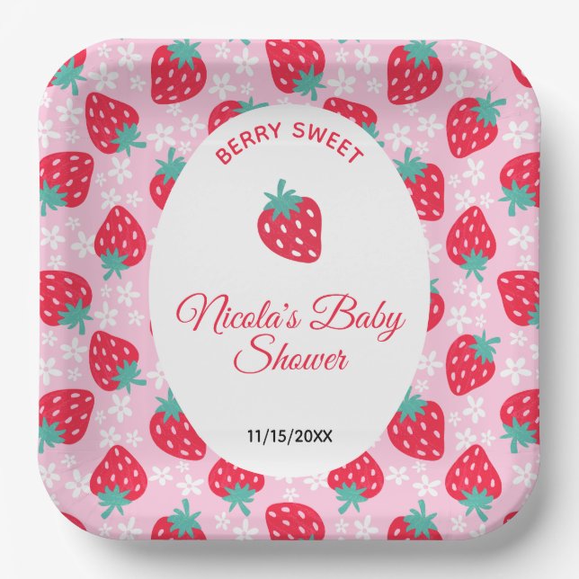 Plato De Papel Dulce Rosa de Fresa para Baby Shower (Anverso)