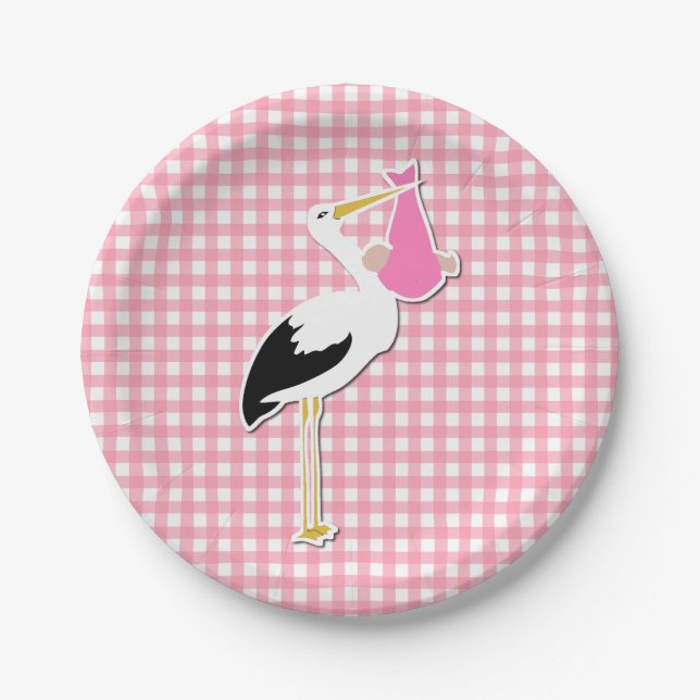 Plato De Papel Dulce rosa Gingham y Stork Baby Shower Plate (Anverso)