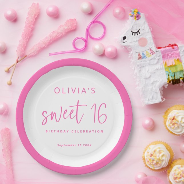 Plato De Papel Dulce rosado caliente de escritura moderna Fiesta  (Fiesta)