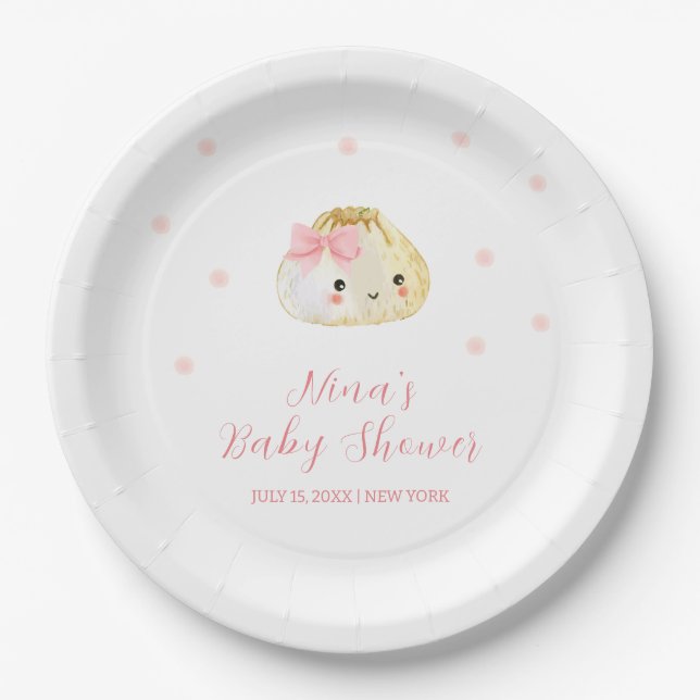 Plato De Papel Dulce rosado Pequeño Chica Dumpling Baby Shower (Anverso)