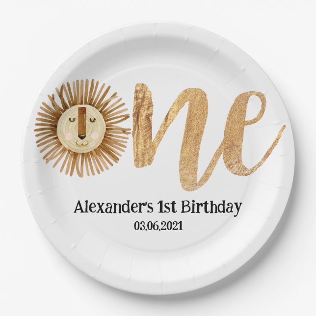 Plato De Papel Dulce Safari Niños Leones Primer Cumpleaños (Anverso)