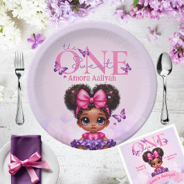 Plato De Papel Dulce un bebé afro niña morada primer cumpleaños
