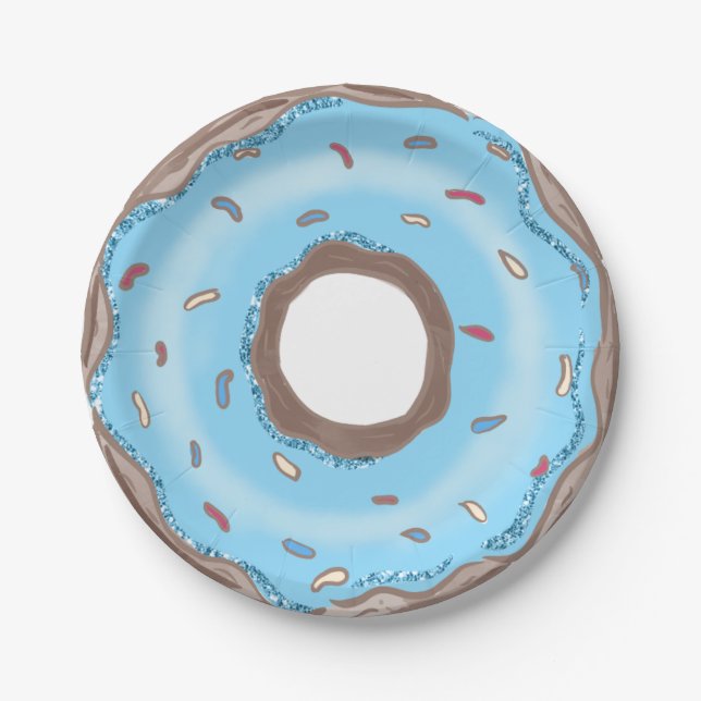 Plato De Papel Dulce Un Niño Azul Donut Cumpleaños (Anverso)