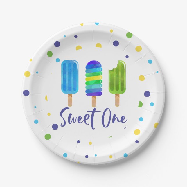 Plato De Papel Dulce Uno cumpleaños azul verde Pop (Anverso)