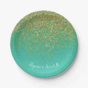 Plato De Papel Dulces 16 Cumpleaños con Brillo Dorado y Teal