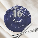 Plato De Papel Dulces 16 estrellas de plata azul marino<br><div class="desc">Un color de fondo azul marino con estrellas falsas de plata. El color azul es desigual. Añade tu nombre,  texto.</div>