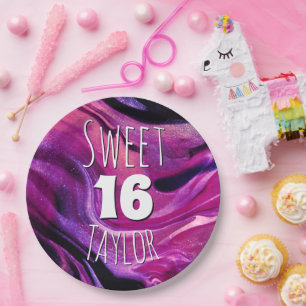 Plato De Papel Dulces 16 Magenta Mármol Morado Personalizado