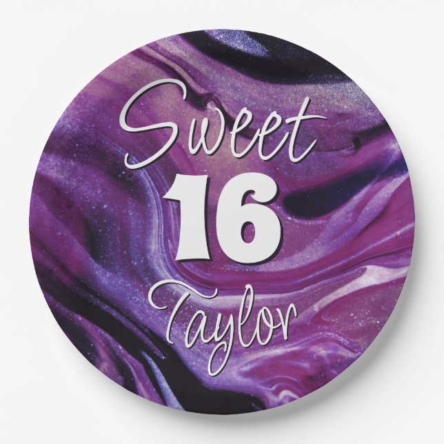 Plato De Papel Dulces 16 Mármol Morado Personalizado (Anverso)